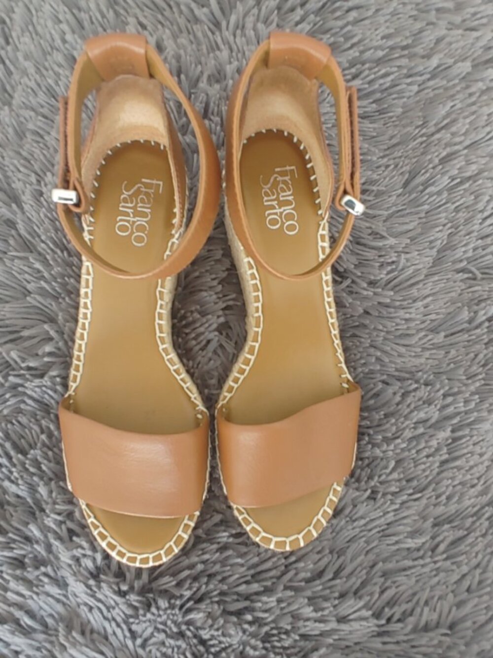 Franco Sarto Cognac brown leather espadrille wedge sandal.